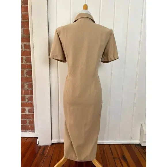 Vintage Y2K Talbots Button Front Shirt Dress Beige Midi Shell Buttons 10 - Picture 5 of 8